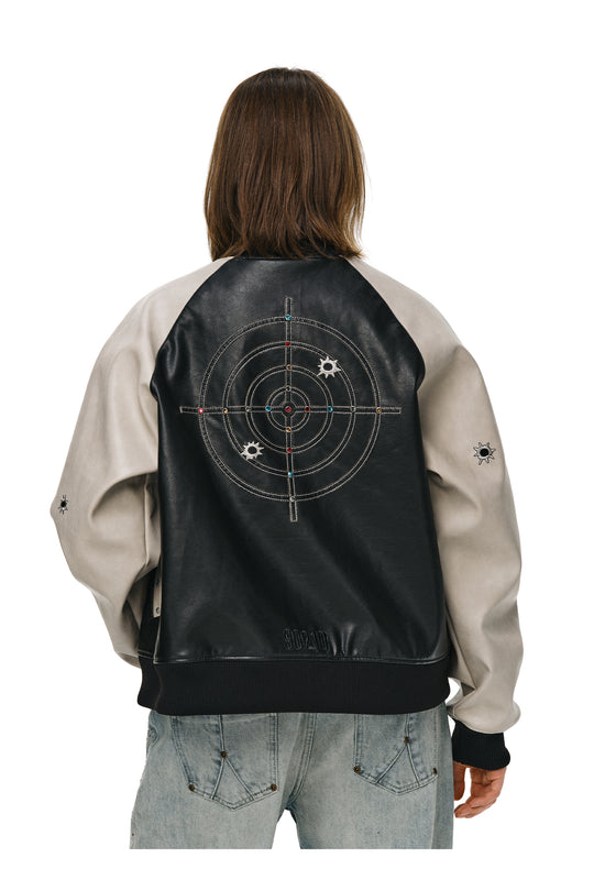 ANTIDOTE Bullseye Color Diamond Studded Leather Baseball Jacket | Face 3 Face