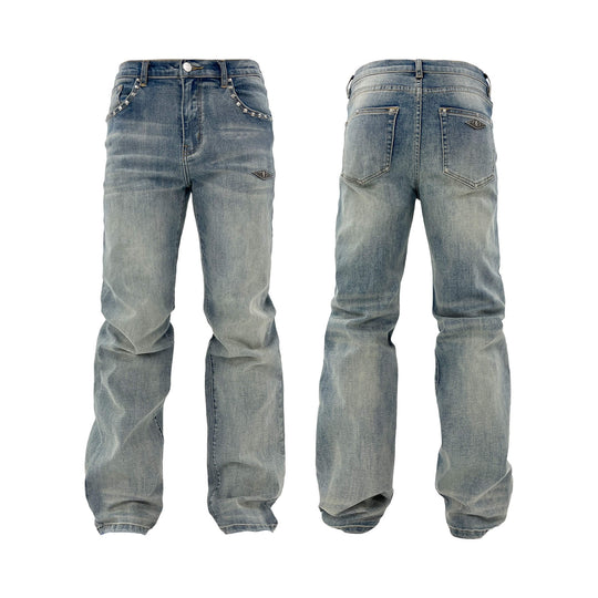KARMANISTIC Metal Logo Label Studded Washed Slim Jeans | Face 3 Face