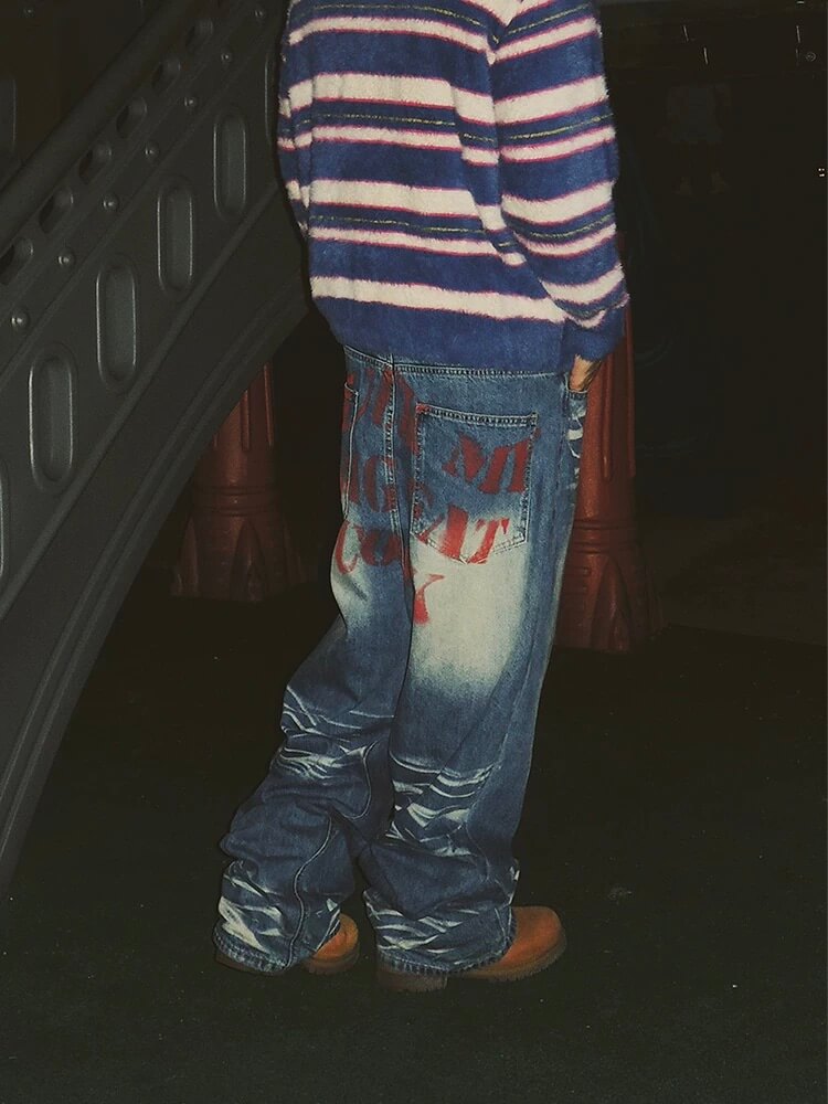 EVETS Dirty Wash Print Baggy Jeans | Face 3 Face