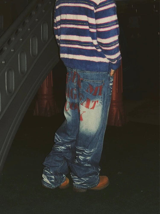 EVETS Dirty Wash Print Baggy Jeans | Face 3 Face