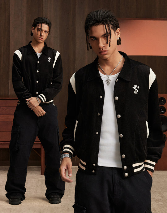 Small Town Kid Rivet Cross stitching Patch Corduroy Varsity Jacket | Face 3 Face