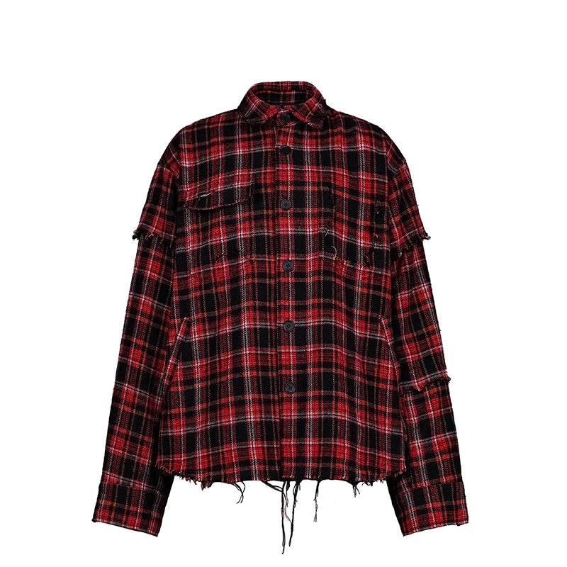 UNDERWATER Scarlet Plaid Deconstructed Destroyed Shirt Jacket | Face 3 Face