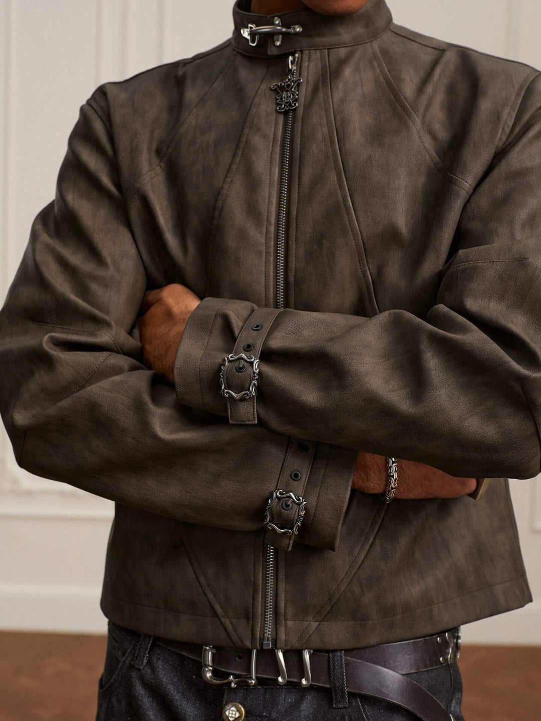 YADcrew Washed PU Leather Racing Jacket | Face 3 Face