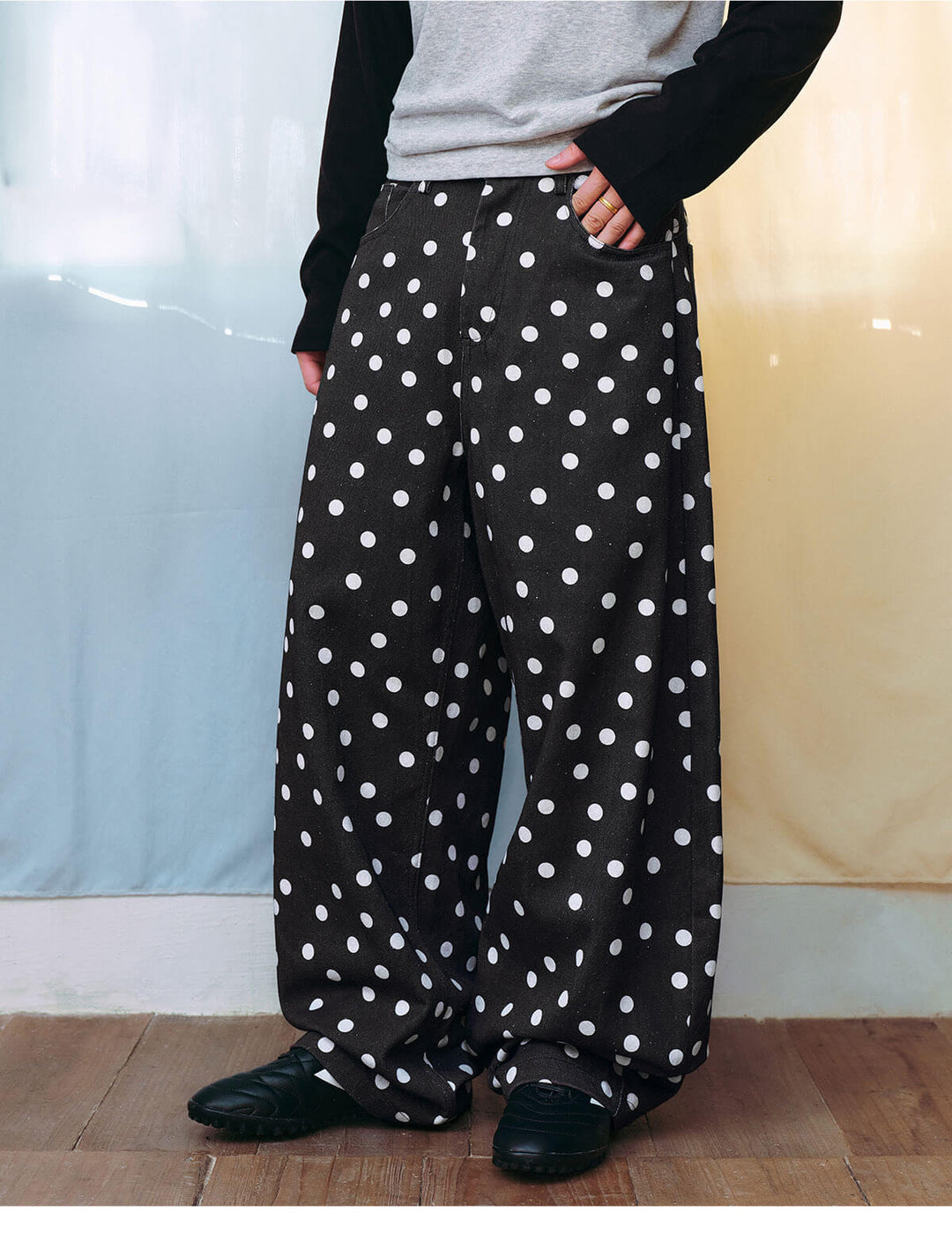 MEDM All Over Polka Dot Print Curved Baggy Pants | Face 3 Face