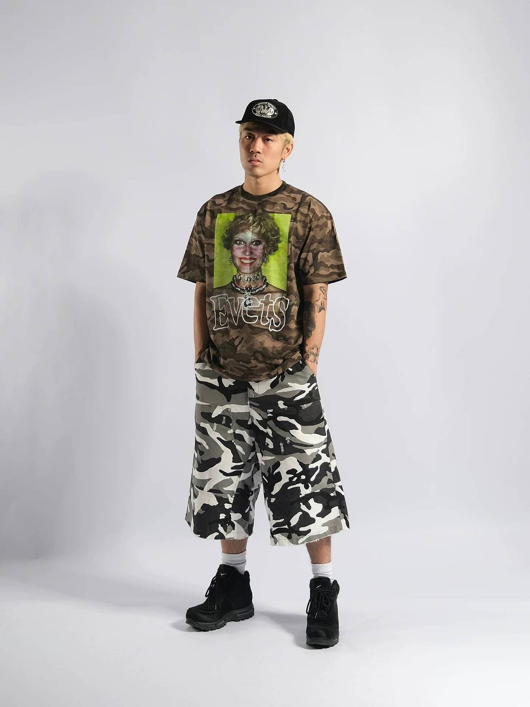 EVETS Camo Distressed Double Knee Baggy Work Shorts | Face 3 Face