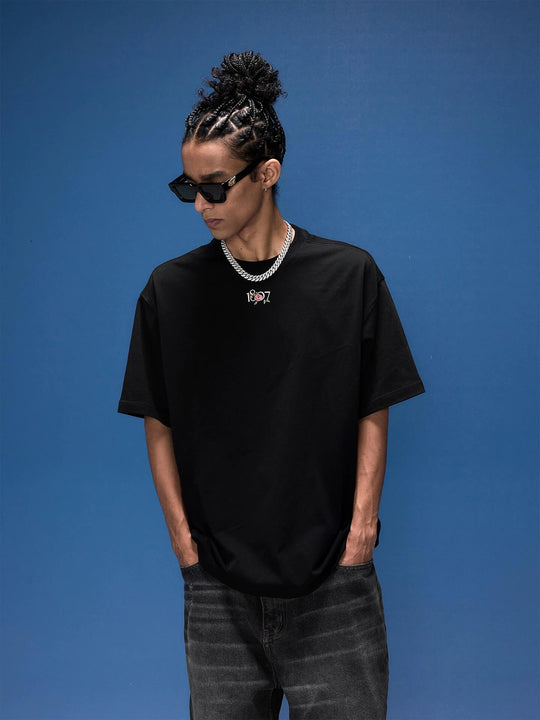 1807 Rose Logo Print Embroidered Short Sleeve Tee | Face 3 Face