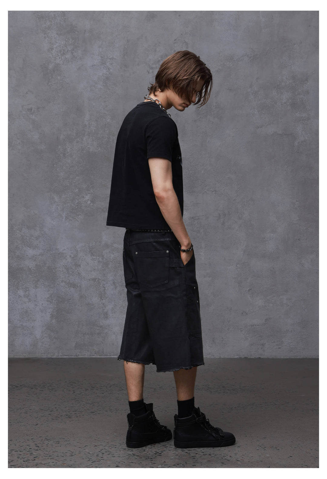 ANTIDOTE Brushed Waxed Studded Double Knee Cutoff Baggy Shorts | Face 3 Face