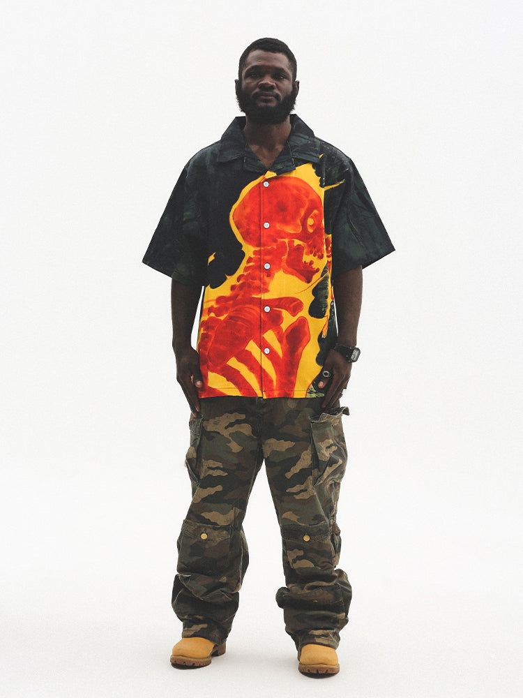 UNTILWERICH Cuban Collar Flaming Skull Short Sleeve Shirt | Face 3 Face