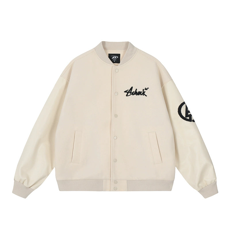Racer varsity jacket | Achock Graffiti Logo Embroidery PU Leather Varsity Jacket | Face 3 Face