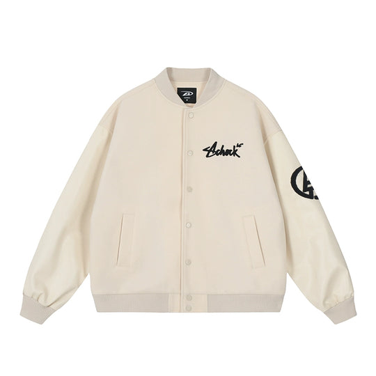 Racer varsity jacket | Achock Graffiti Logo Embroidery PU Leather Varsity Jacket | Face 3 Face