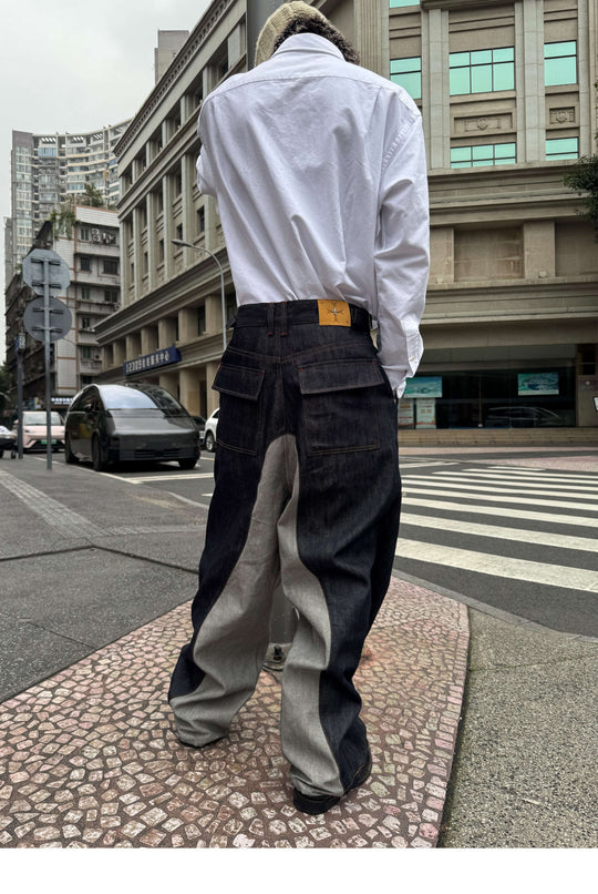 STEEPC Button Fly Reverse Patchwork Baggy Jeans | Face 3 Face