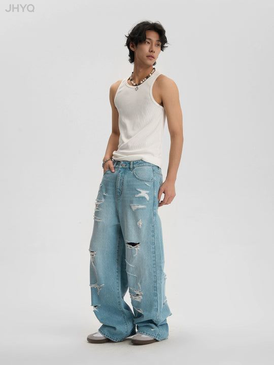 JHYQ Washed Holes Light Colored Baggy Jeans