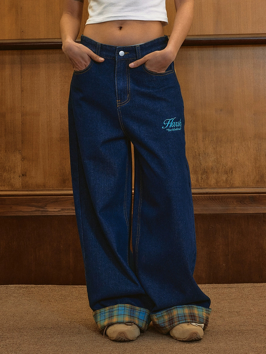 Harsh and Cruel Plaid Trim Cuffed Pocket Jeans | Face 3 Face