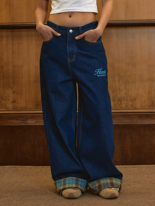 Harsh and Cruel Plaid Trim Cuffed Pocket Jeans | Face 3 Face