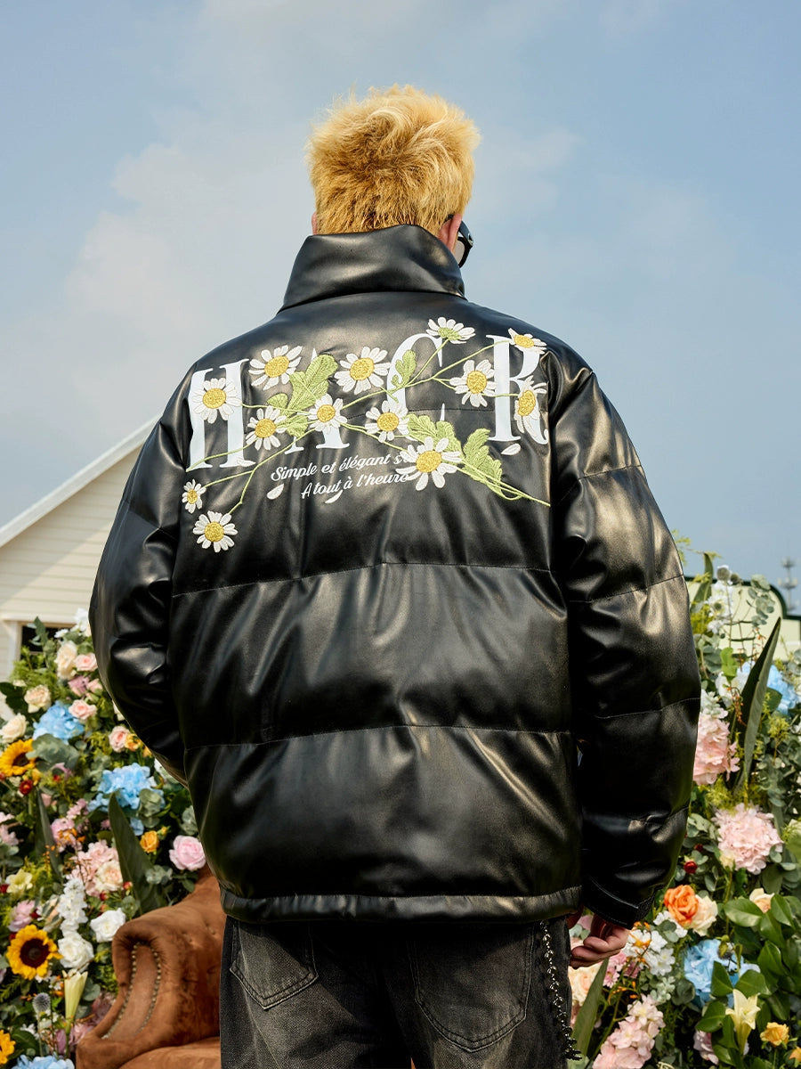 Harsh and Cruel Daisy Embroidery PU Padded Jacket | Face 3 Face