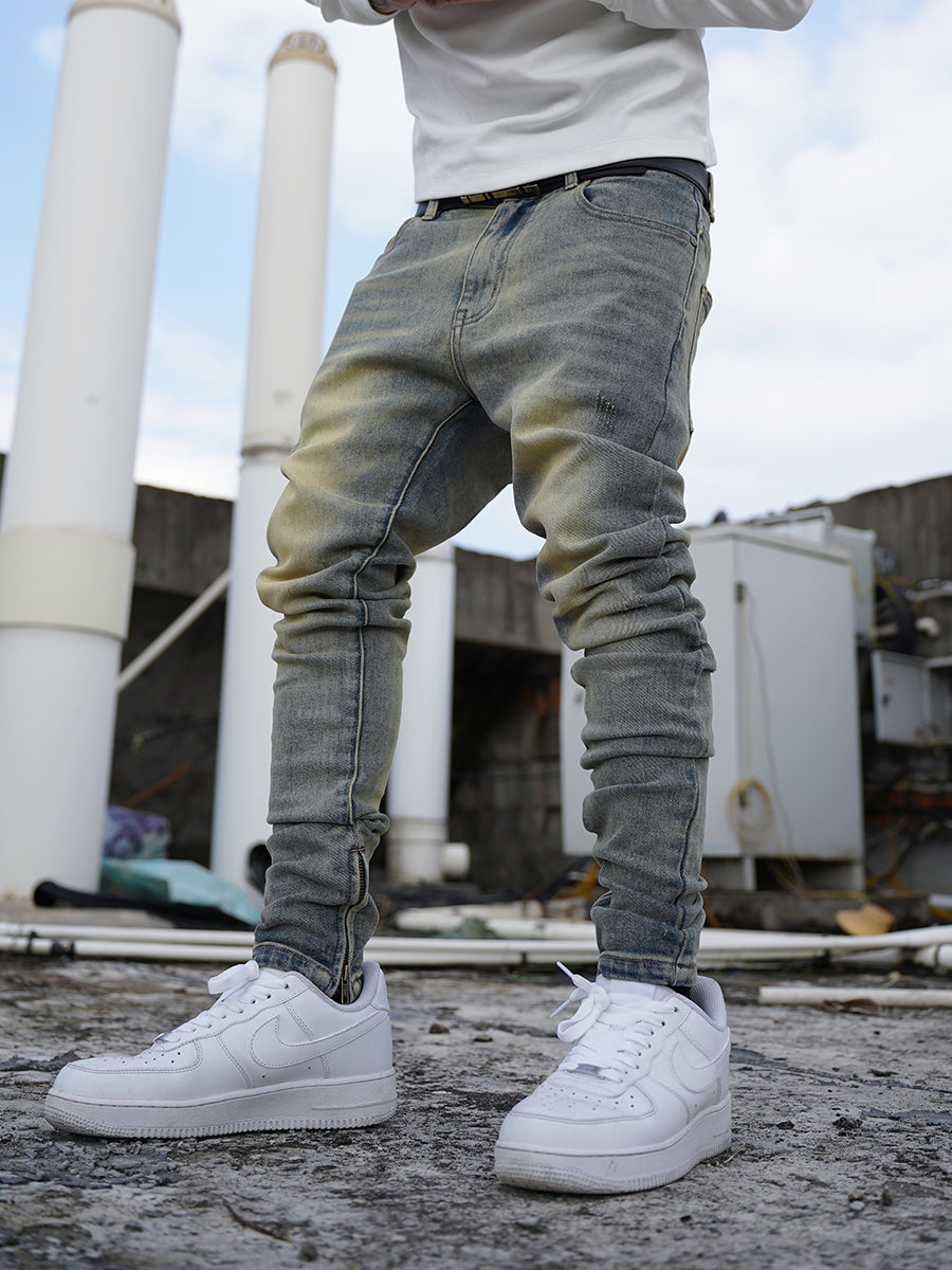 TGFCLUB Hem Zipper Washed Slim Fit Jeans | Face 3 Face