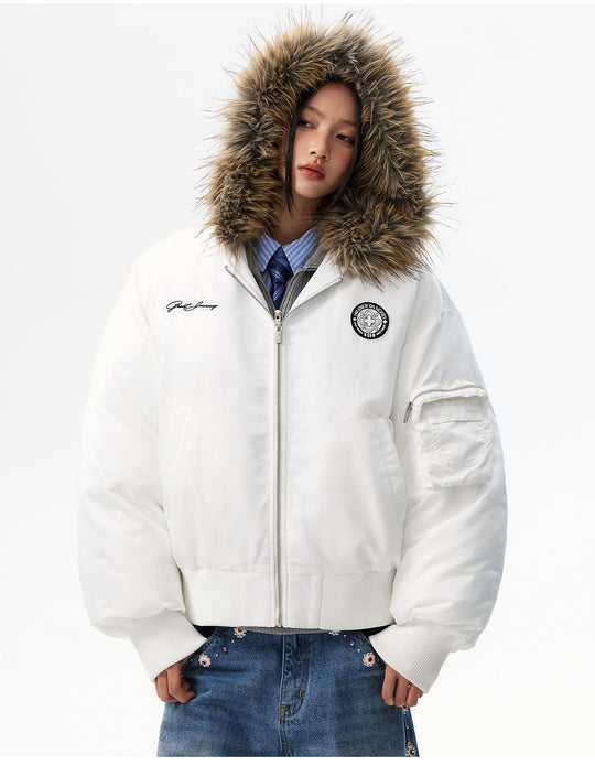 MEDM Silicone Logo Patch Fur Hooded Bomber Jacket | Face 3 Face