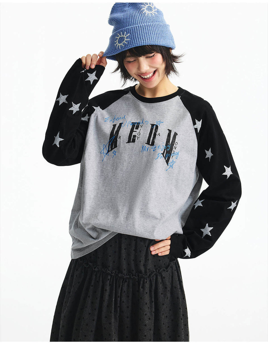 MEDM Star Print Raglan Long Sleeve Tee | Face 3 Face