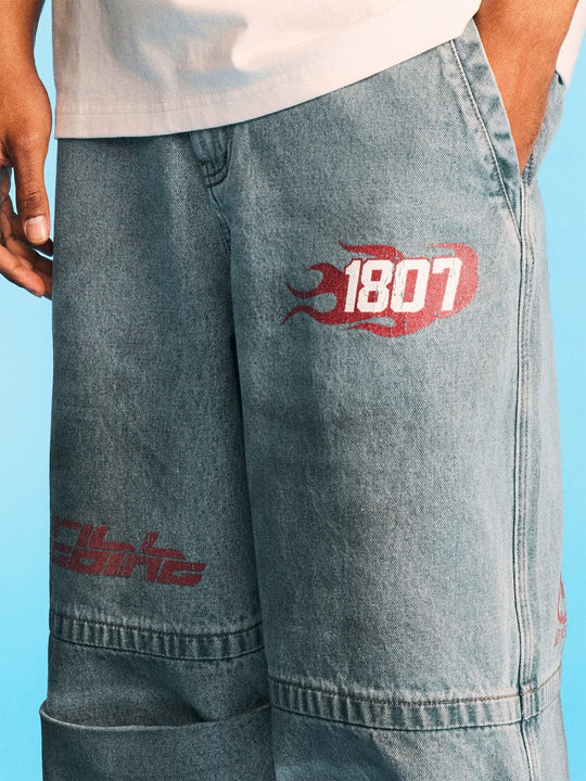 1807 Racing Crackle Print Washed Baggy Jeans | Face 3 Face