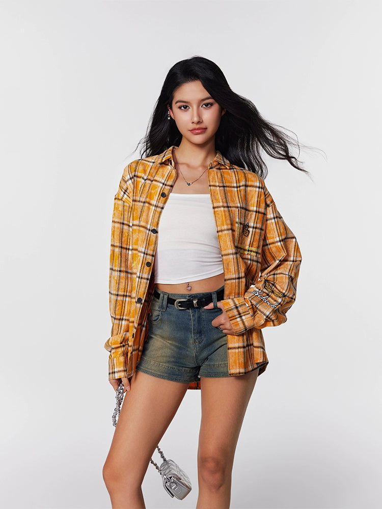 Achock Washed Plaid Butterfly Embroidery Long Sleeved Shirt | Face 3 Face