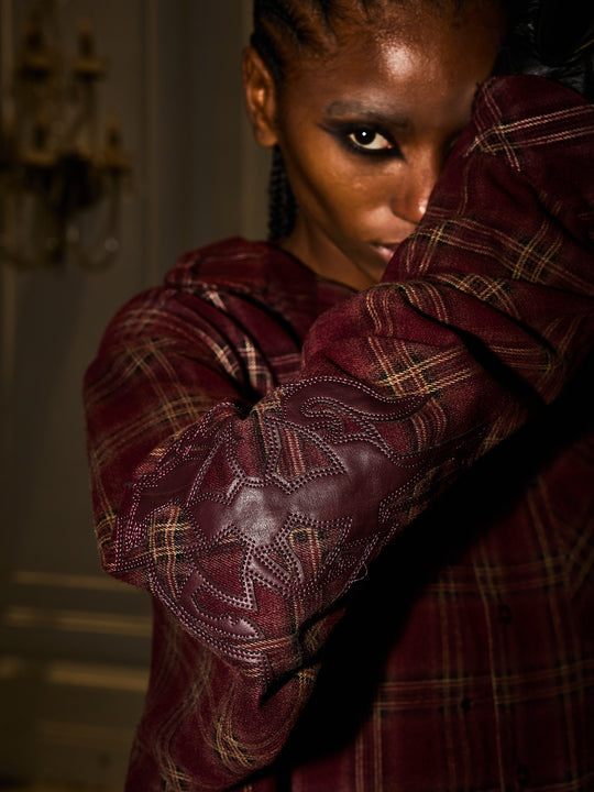 BLIND NO PLAN Washed Aged Cross Horse Patch Plaid Long Sleeve Shirt | Face 3 Face