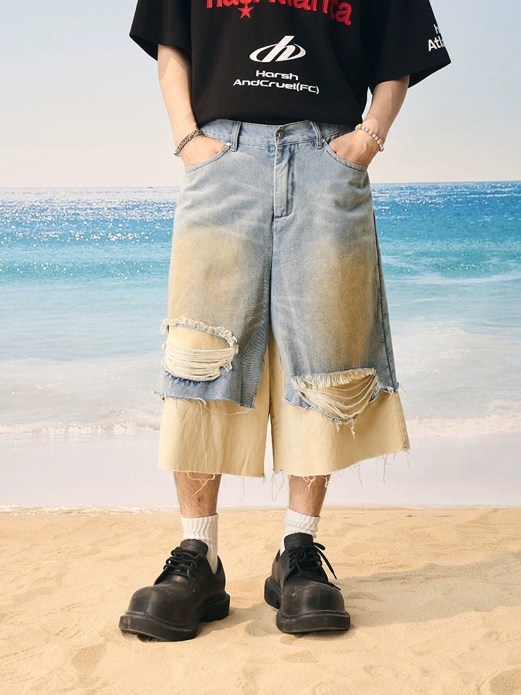 Harsh and Cruel Distressed Wash Layered Denim Shorts | Face 3 Face