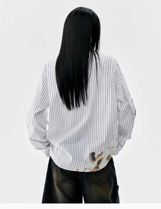 MEDM Lace Embroidered Striped Long Sleeve Shirt | Face 3 Face