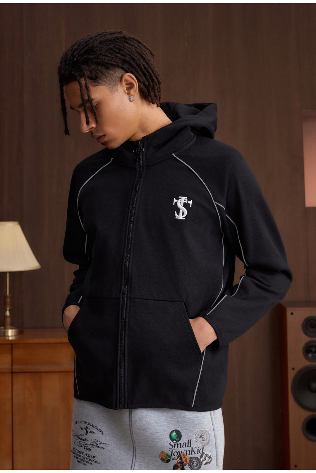 Small Town Kid Reflective Accent Line Zip Up Hoodie | Face 3 Face