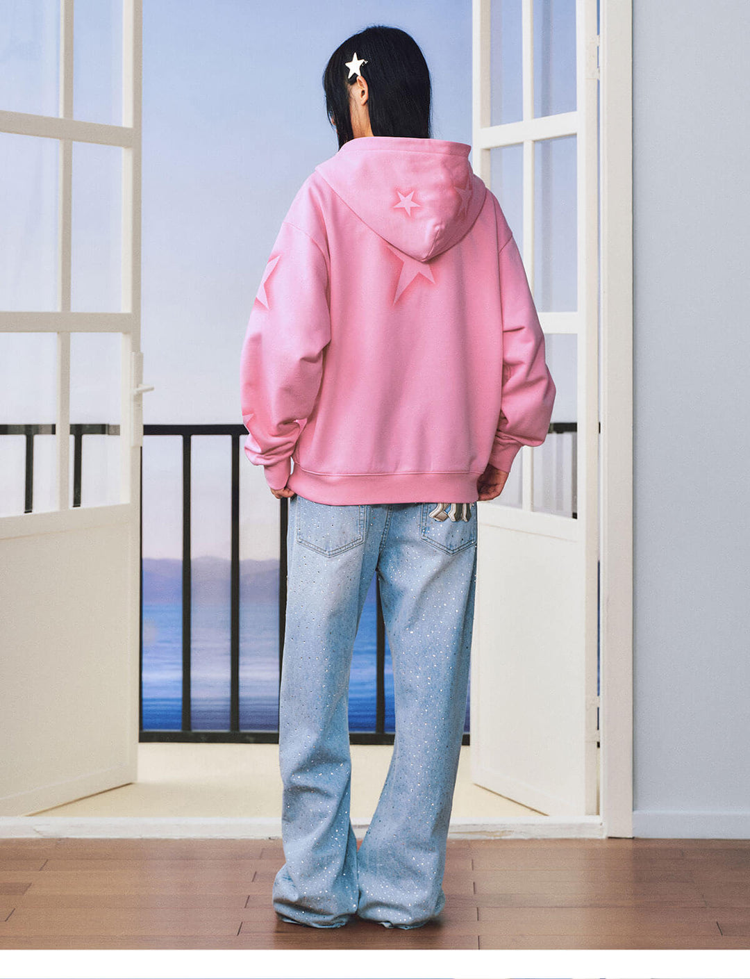 MEDM Spray Star Print Rhinestone Logo Zip Up Hoodie | Face 3 Face