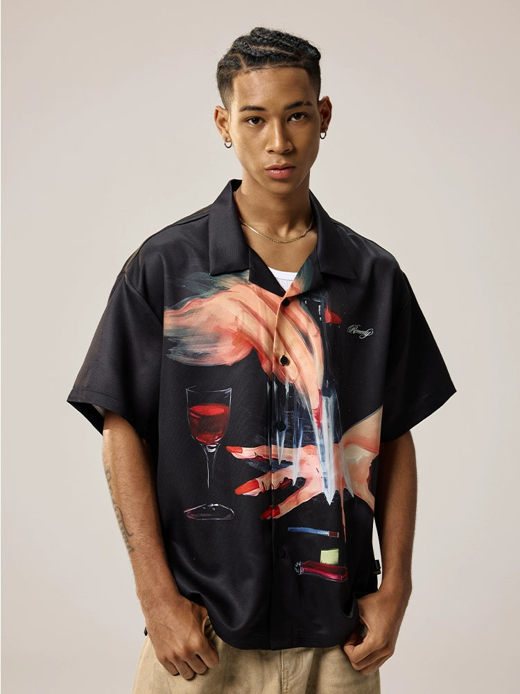 Remedy Finger and Wine Glass Full Print Short Sleeve Cuban Shirt | Face 3 Face
