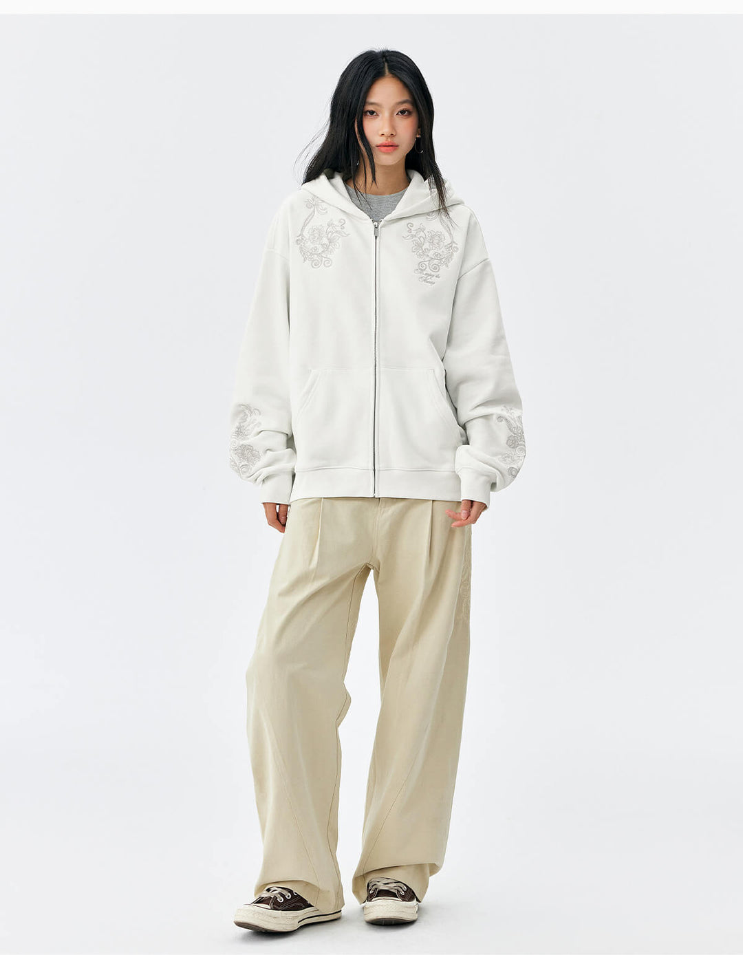 MEDM Patterned Flower Embroidered Zip Up Hoodie | Face 3 Face