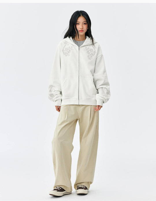 MEDM Patterned Flower Embroidered Zip Up Hoodie | Face 3 Face