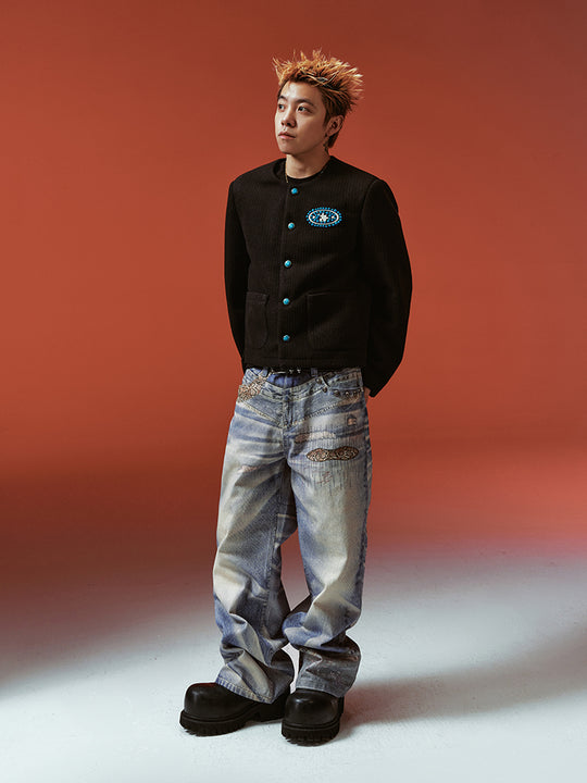 YADcrew Python Random Stitch Printed Rivet Baggy Jeans | Face 3 Face