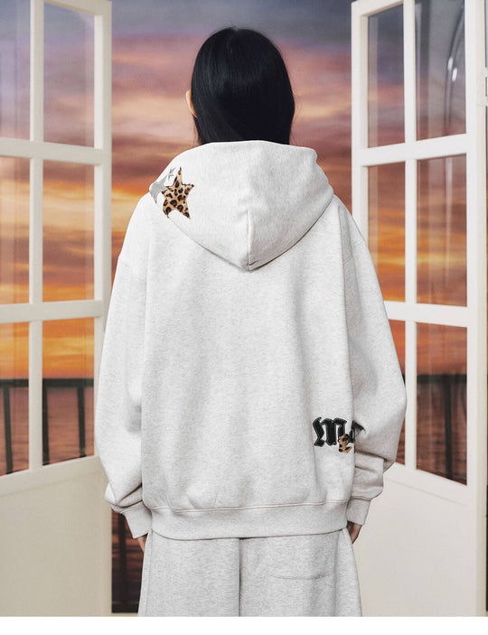 MEDM Leopard Print Star Patch Logo Embroidered Zip Up Hoodie | Face 3 Face