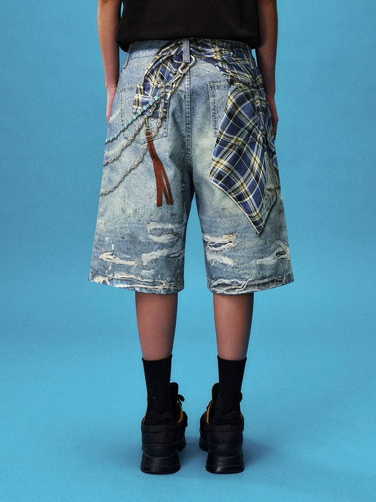 YADcrew Plaid Shirt Chain Photorealistic Print Denim Shorts | Face 3 Face