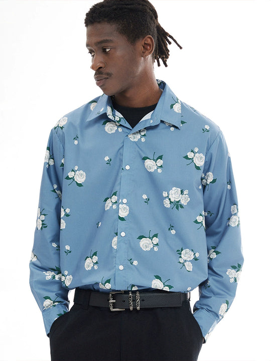 EMPTY REFERENCE Rose Print Blue Long Sleeve Shirt | Face 3 Face