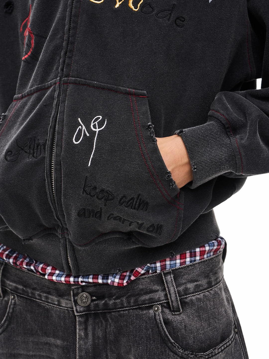 EXITMODE BY BLIND NO PLAN Washed Distressed Embroidered Patch Zip Up Hoodie | Face 3 Face