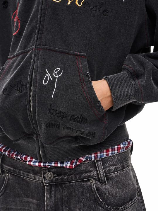 EXITMODE BY BLIND NO PLAN Washed Distressed Embroidered Patch Zip Up Hoodie | Face 3 Face