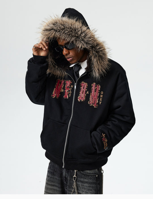 MEDM Faux Fur Lined Hooded Fur Zip Up Jacket | Face 3 Face