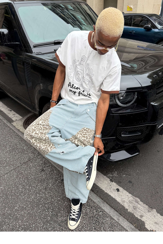 STEEPC Leopard Print Double Knee Hickory Stripe Baggy Pants | Face 3 Face