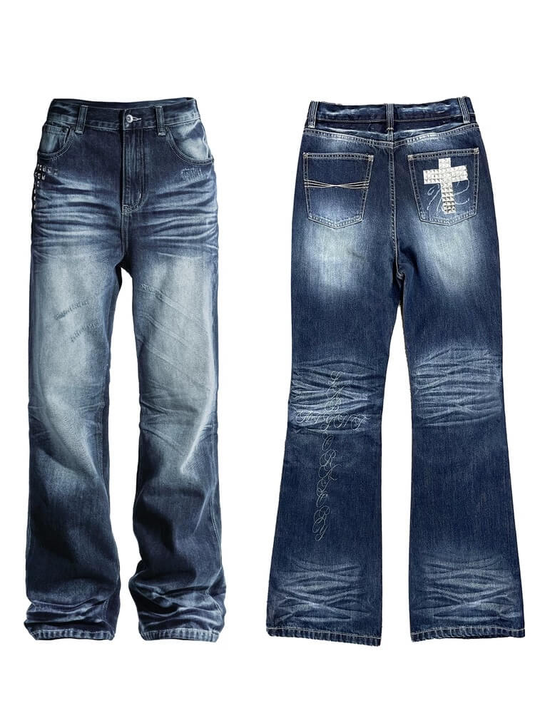 Night Lab Rock Studded Whisker Washed Flared Jeans | Face 3 Face