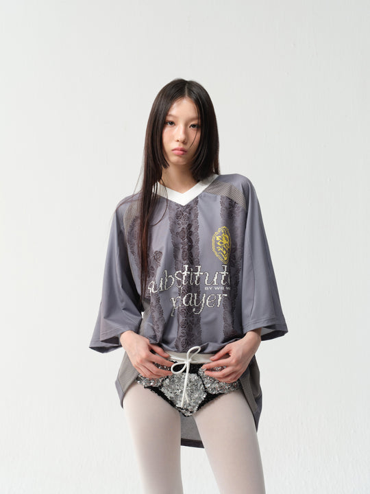 wii wil Oversize Light Gray Striped Lace Pattern Soccer Jersey | Face 3 Face
