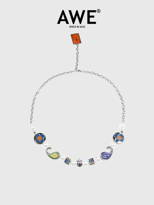 AWE Cross Petal Skull Smiley Face Pearl Necklace | Face 3 Face