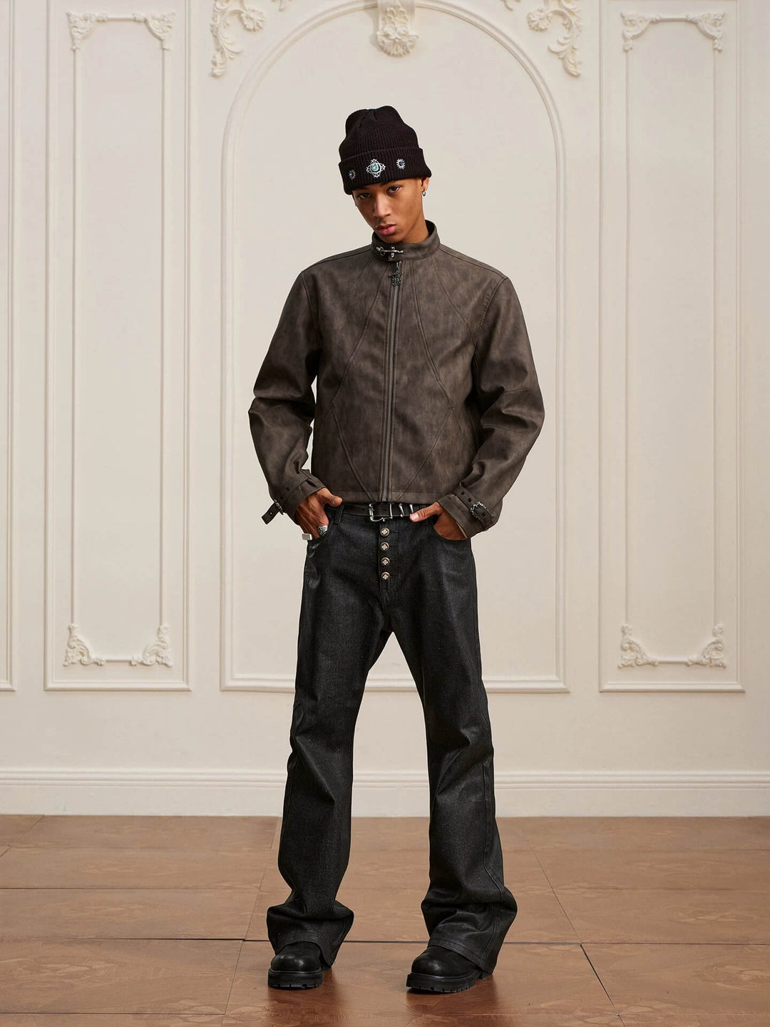 YADcrew Washed PU Leather Racing Jacket | Face 3 Face