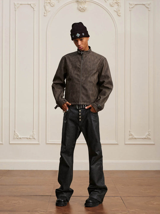 YADcrew Washed PU Leather Racing Jacket | Face 3 Face