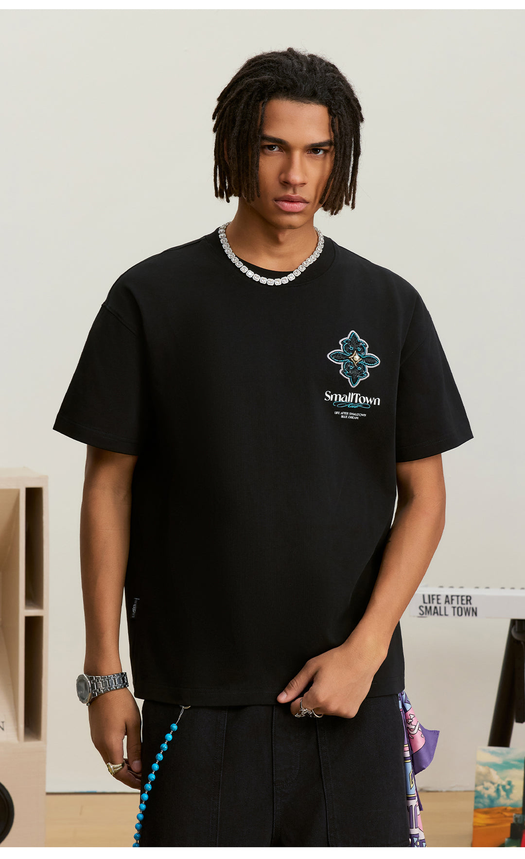 Small Town Kid Cross Pearl Sequin Beaded Embroidery Tee | Face 3 Face