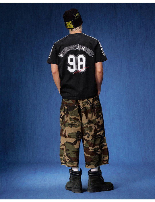 MEDM Distressed Denim Logo Patch Washed Short Sleeve Tee | Face 3 Face