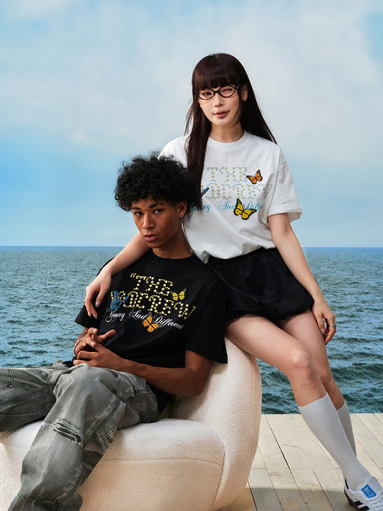 YADcrew Butterfly Embroidery Star Foam Print Tee | Face 3 Face