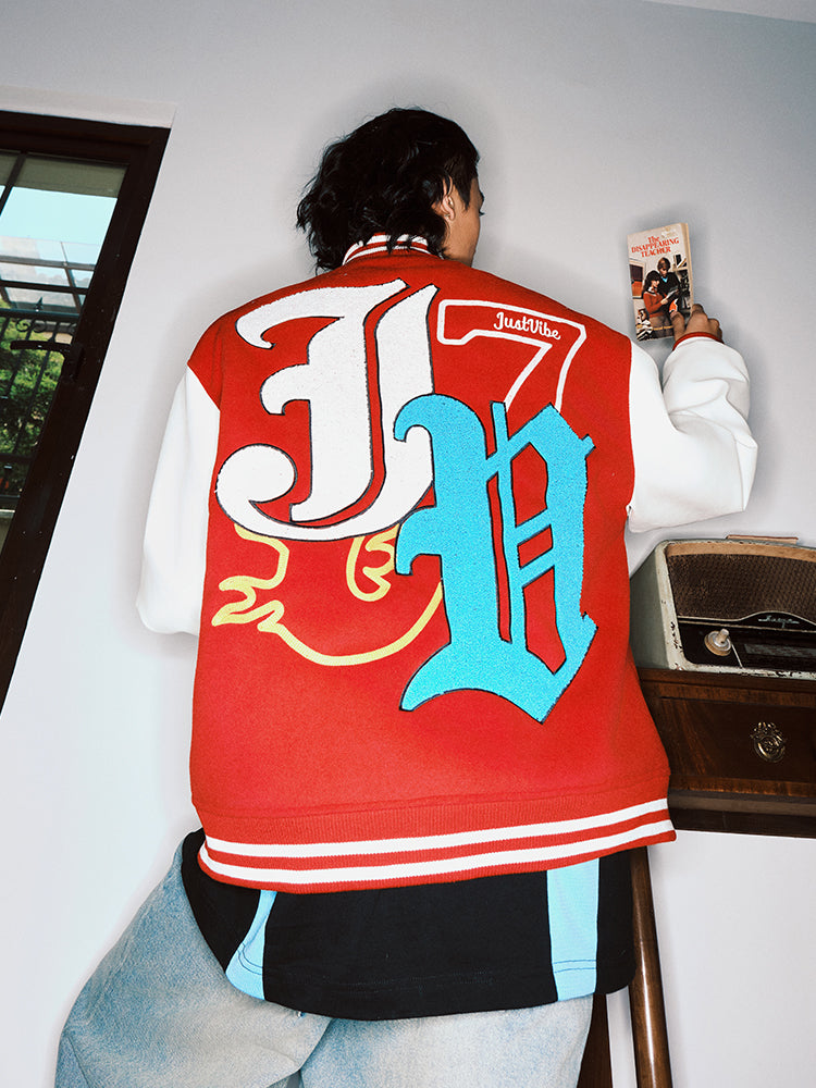 JUST VIBE Terry Big JV Logo PU Leather Varsity Jacket | Face 3 Face