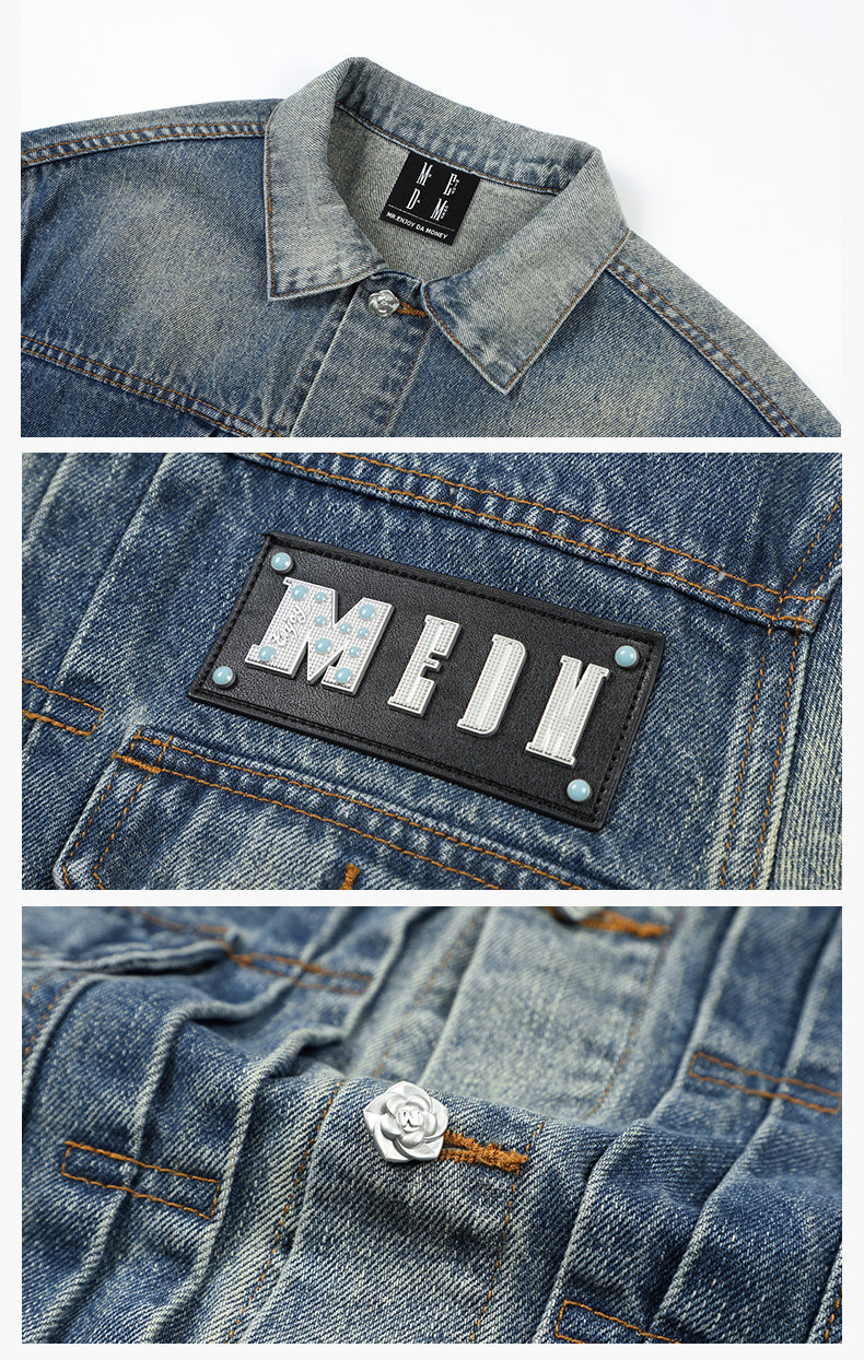 MEDM Leather Logo Washed 2nd-Type Denim Jacket | Face 3 Face